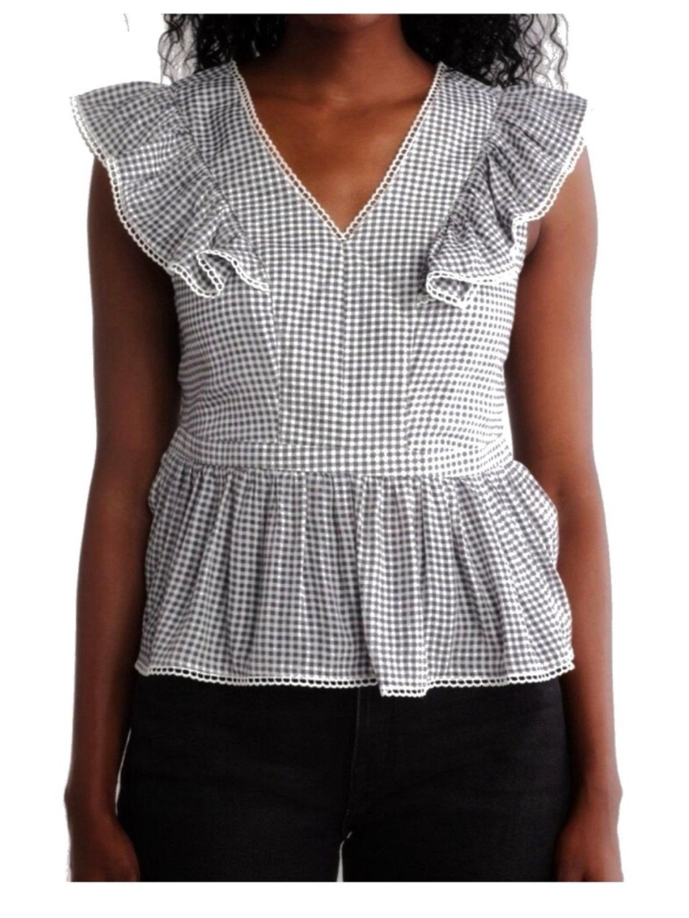 Nanette Lepore Gingham Ruffle Peplum Top Black White Size Medium